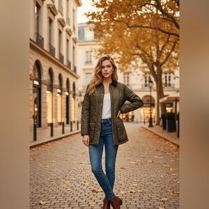 Barbour Women's Beadnell Polarquilt Jacket in olive green, corduroy collar size8